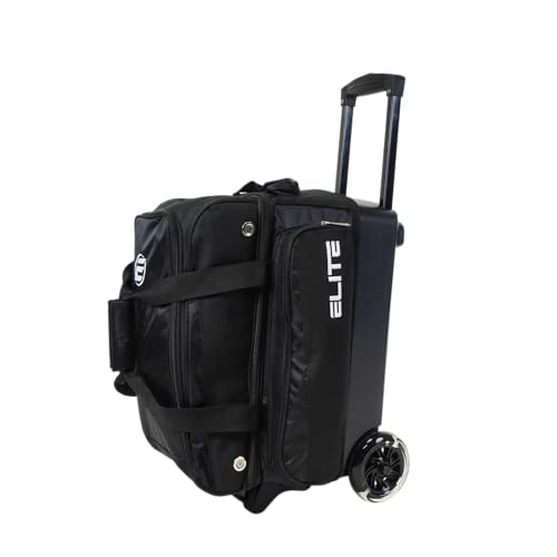 ELITE Deluxe 2 Ball Bowling Bag with 5" Smooth Wheels - Large Accessory Pocket, Shoe Compartment, 36" Extendable Handle - color: Black
