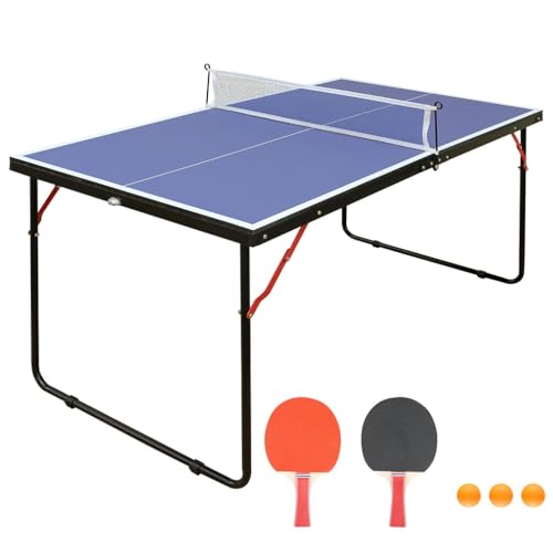 Mid Size Foldable Ping Pong Table with Net, 54" Portable Table Tennis Table Game Set with 2 Paddles & Balls, Compact Indoor Folding Table Tennis Table for Home Office Game Room