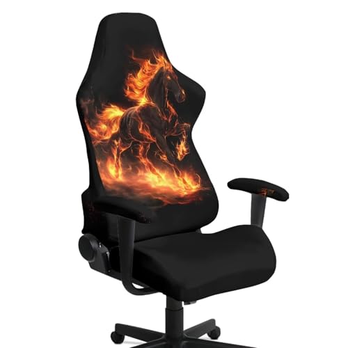 Suobstales Horse Fire Pattern Gaming Chair Cover, Stretchable Computer Office Chair Cover for Armchair, Swivel Chairs, Computer Boss Chair, Removable Chair Slipcovers with Armrest Cover - color: Horse Fire