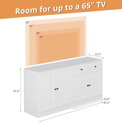 TUSY 71" TV Stand Storage Set - 2 Tall Bookcases & 2 Side Cabinets, Media Console with Glass & Wood Doors, Entertainment Center with Drawers, Tall Media Console for Living Room (White, AEEA) - color: White