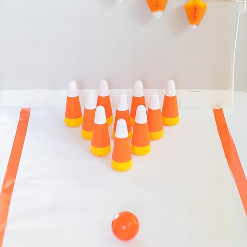 Fun Express Halloween Games for Kids Party - Candy Corn Pumpkin Bowling Set with 6 Pins & Ball | Fall Festival Games for Outdoor Trunk or Treat Activities & Carnival Events | Safe Plastic Design