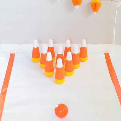 Fun Express Halloween Games for Kids Party - Candy Corn Pumpkin Bowling Set with 6 Pins & Ball | Fall Festival Games for Outdoor Trunk or Treat Activities & Carnival Events | Safe Plastic Design