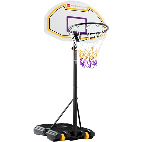 Best Choice Products Kids Height-Adjustable Basketball Hoop, Portable Backboard Set w/ 2 Wheels, Fillable Base, 70.5in to 82.3in Tall - style: Purple/Yellow