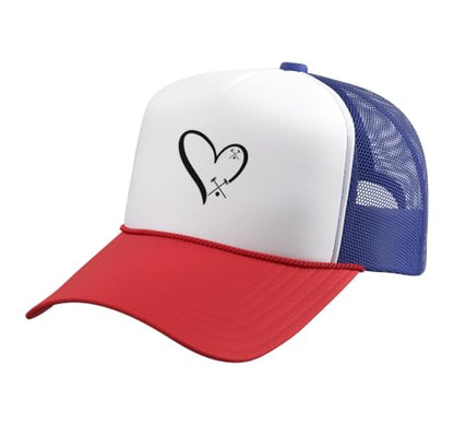 Croquet Heart - Heart with Croquet Mallets Trucker Hat with Adjustable Mesh Back - color: Red/White/Royal Blue