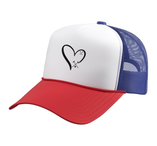 Croquet Heart - Heart with Croquet Mallets Trucker Hat with Adjustable Mesh Back - color: Red/White/Royal Blue