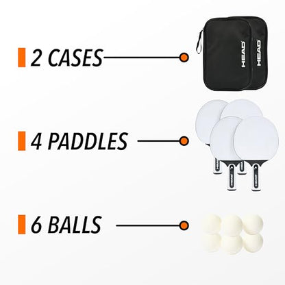 Head Rubberized Outdoor Table Tennis Paddle Set - 4 Paddles, 6 Balls & 2 Cases - Weather-Resistant Build for Outdoor Games - Portable Cases for Camping Games