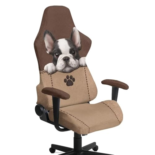 Suobstales Boston Terrier Paw Print Gaming Chair Covers, Stretchable Elastic Computer Desk Chair Cover with Armrest Covers, 4Pc/Set Soft Non Fading Office Chair Covers Slipcovers - color: Boston Terrier Paw