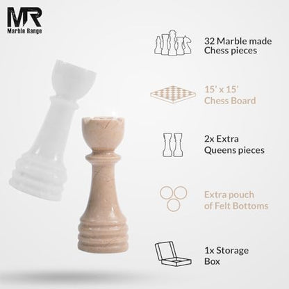 Marble Chess Set 15" Inches White & Verona with Storage Box and 2 Extra Queen Handmade Classic Board Games for Adults, Luxury Marble Chess Board & Chess Pieces for Gifts - color: White & Verona