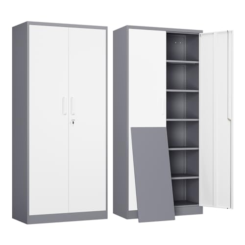 Yizosh Metal Garage Storage Cabinet with 2 Doors and 5 Adjustable Shelves - 71" Steel Lockable File Cabinet,Locking Tool Cabinets for Office,Home,Garage,Gym,School (Gray White) - color: Gray White, size: 71"H x 31.5"W x 15.7"D