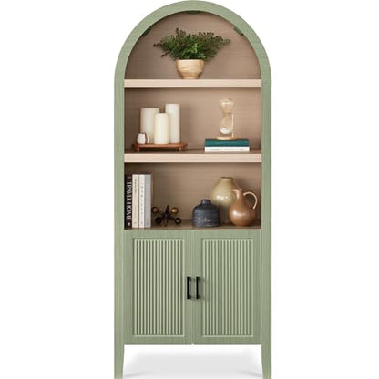 Best Choice Products 72" Tall Arched Pantry Cabinet w/Reeded Doors, 5-Tier Bookshelf, Armoire, Hutch, Bookcase, Storage Cabinet w/Adjustable Shelves, for Dining Room and Livingroom - Sage - color: Large - Sage