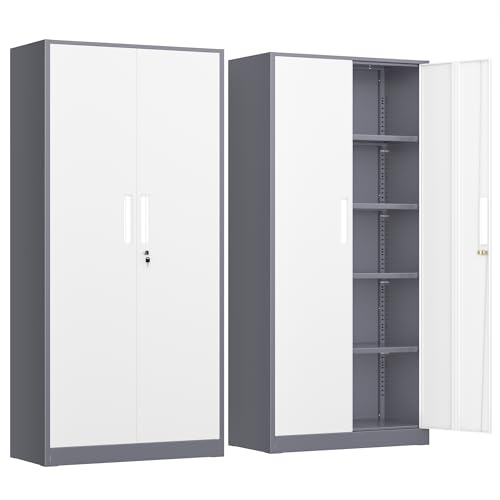 INTERGREAT Metal Storage Cabinet, 72” H Storage Cabinet with Doors and Adjustable Shelves for Office, Home, Garage, Pantry (Assembly Required, Grey White) - color: Grey White, size: 72" Storage Cabinet