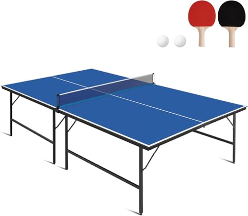 Table Tennis Table for Adults and Teens, Portable Foldable Indoor Ping Pong Game with 2 Paddles 2 Balls and Net, Folding Game Table for Home Game Room and Office, Quick Assembly - color: 9ft-blue