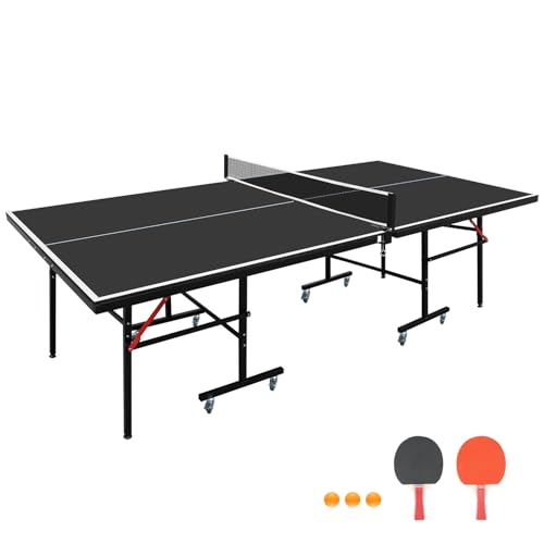 8FT×4FT Black MDF Indoor Table Tennis Table with Quick Clamp Ping Pong Net with Two Rackets and Three Balls，Foldable Single-Player Game-Black