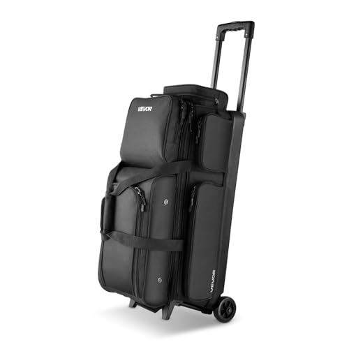 VEVOR Bowling Ball Bag, 3 Ball Double Roller Bowling Bag with Wheels, Featuring a Separate Compartment for Shoes (Up To US Size 16) & Oversized Accessory Pocket, Retractable Handle Extends to 41.34 in - style: Black