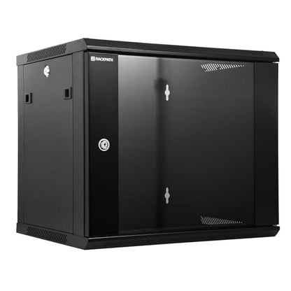 RackPath 9U Wall Mount Network Rack Cabinet – Quiet Cooling Fan, Locking Glass Door, 17.7" Deep (450mm), Removable Locking Side Panels, Fits 19" IT & A/V Equipment - size: 9U