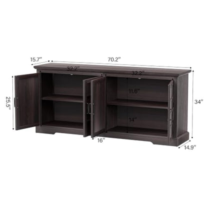 Bigbiglife 70.2" Wood Buffet Cabinet, Farmhouse Buffet Sideboard Cabinet with 4 Doors and Adjustable Shelves, Coffee Bar Wine Bar Storage Cabinet for Kitchen, Living Room, Chocolate Brown - color: Chocolate Brown