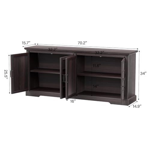 Bigbiglife 70.2" Wood Buffet Cabinet, Farmhouse Buffet Sideboard Cabinet with 4 Doors and Adjustable Shelves, Coffee Bar Wine Bar Storage Cabinet for Kitchen, Living Room, Chocolate Brown - color: Chocolate Brown