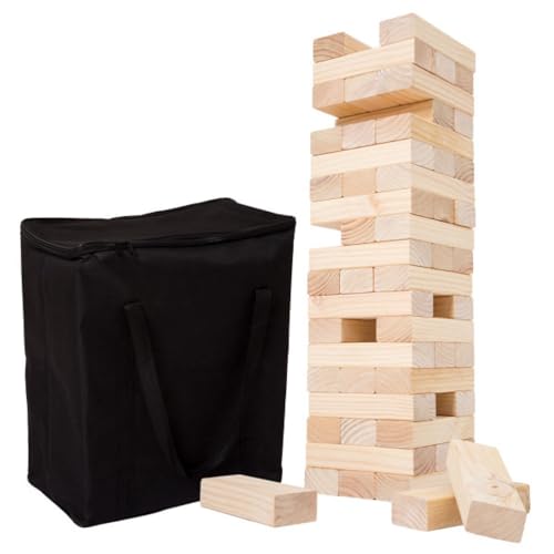 HEY! PLAY! Classic Giant Wooden Tower Blocks Stacking Game with Nylon Carrying Case – Outdoor Yard Games for Adults, Family Backyard Party Game