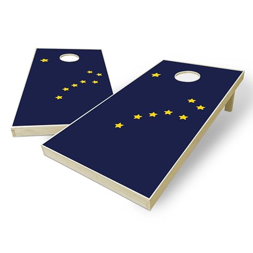 State Flag Solid Wood Regulation Cornhole Set 4 Feet x 2 Feet Includes Set of 8 Bags and Carrying Case with Optional LED Lights and Lamination - style: Alaska