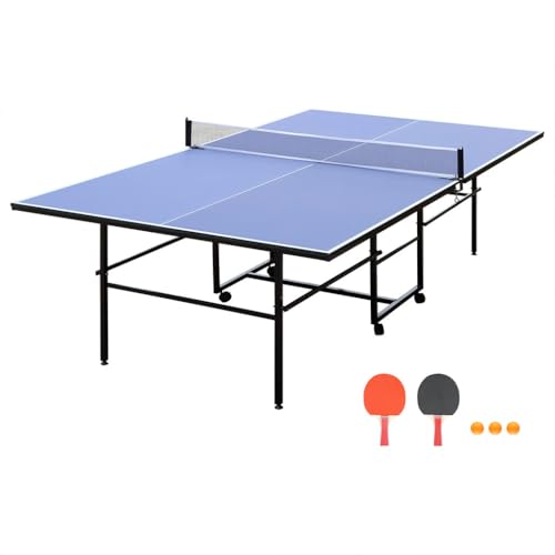 Portable Table Tennis Table, 9ft Foldable Ping Pong Game Set with 2 Paddles and 3 Balls All Weather Aluminum Composite Outdoor Ping Pong Table with Waterproof Net Set Indoor & Outdoor Compatibl
