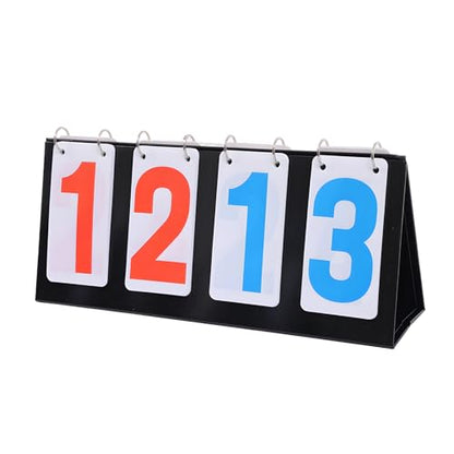 4-Digit Scoreboard, Portable with Red & Blue Numbers, 6.3 x 15 in / 16 x 38 cm, Tabletop Flip Scoreboards for Tennis, Basketball, All Sports Games