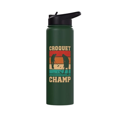 Croquet Champ Retro Funny Lawn Game Player Quote Stainless Steel Insulated Water Bottle - color: Dark Green