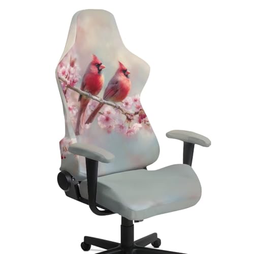 Suobstales Cardinal Cherry Blossom Pattern Gaming Chair Covers Waterproof Cat Scratch Proof Stretch Game Chair Cover with Armrest Anti-Scratch Protection for Ergonomic Gaming Rotating Desk Chair - color: Cardinal Cherry Blossom