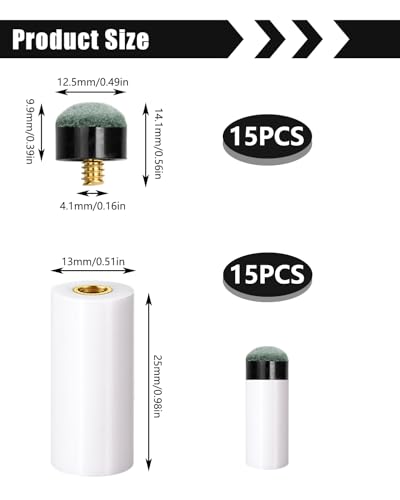 15 Sets Pool Cue Tips Replacement Kit Screw On Pool Stick Tips Replacement Kit with White Ferrules and Gray Cue Tips for Billiard Cues Stick Accessories