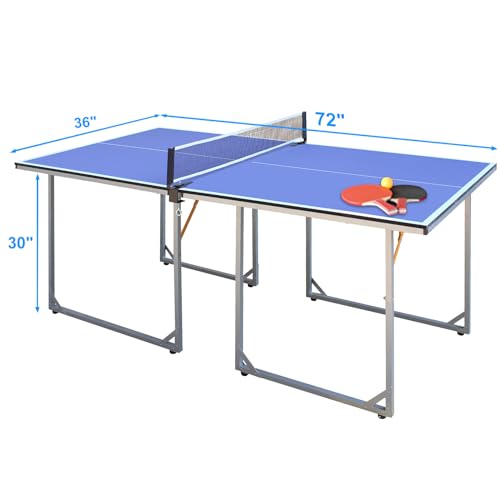 Foldable Table Tennis Table, Mid-Size 6' x 3' Table Tennis Table with 2 Paddles, Game Net and 3 Balls, Compact for Space Saver, Portable Junior Teenagers Ping Pong Table Blue