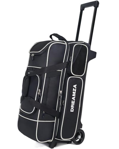 3 Ball Bowling Bags with Wheels & Shoe Pocket, Premium Bowling Ball Bag 3 Ball Roller, Effortless-Rolling 3 Ball Bowling Bag w/Multi-Storage Pockets & Telescopic Handle Extends to 40'' - color: Black
