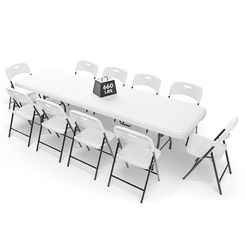8FT Folding Table Set with 10 Folding Chairs, Heavy Duty 660 lbs Table & 600 lbs Chairs, Portable Folding Furniture Bundle for Camping, Party, Indoor & Outdoor Use - color: White Table & Chairs, size: 8ft, style: 10 chairs