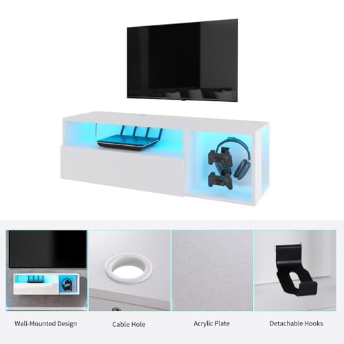 55" White TV Gaming Console with LED Lights - 4 Controller Hooks & 2 Headphone Hooks, Hidden Storage Cabinet, 30KG Top Load Capacity (White + Particle Board,Small) - size: Small