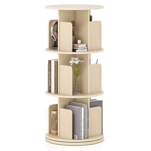 Giantex 3-Tier Rotating Bookshelf, 360° Display Rack w/Dividers & Anti-Falling Baffles, Multifunctional Narrow Floor Standing Bookcase, Book Storage Organizer for Living Room Bedroom, Natural - color: Natural, size: 3-Tier
