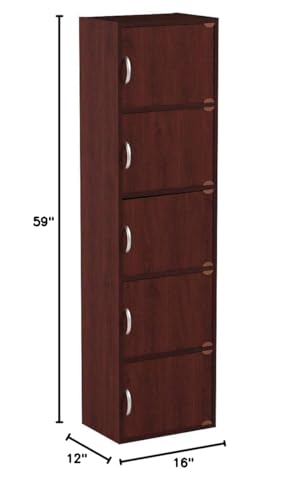 Hodedah 5-Shelf, 5-Door Bookcase in Mahogany - color: Mahogany