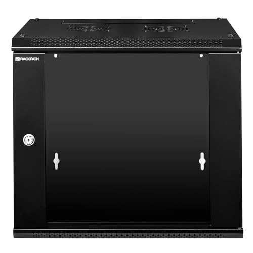 RackPath 9U Wall Mount Network Rack Cabinet – Quiet Cooling Fan, Locking Glass Door, 17.7" Deep (450mm), Removable Locking Side Panels, Fits 19" IT & A/V Equipment - size: 9U