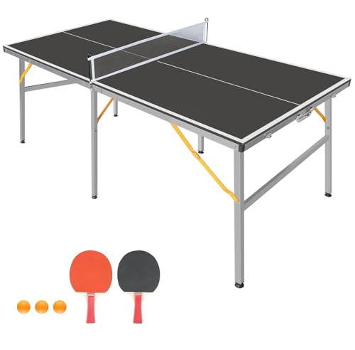 Ping Pong Table Foldable & Portable Table Tennis Table Set for Indoor & Outdoor Games with Net, 2 Paddles and 3 Balls - size: 6FT-Black