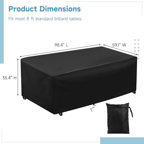 8 ft Pool Table Cover, Outdoor Waterproof Billiard Table Protector, Dust-proof Cover with Elastic Cord & Sticking Fastener Strap for Pool Tables, 98.4" Lx59.1" Wx35.4" H