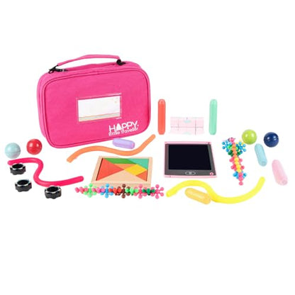 Travel Essentials for Kids – All-in-One Hanging Bag with Kid Toys, Road Trip Activities for Kids, Sensory Toys & Travel Games for Airplane Trips, Car Rides, Gifts for Boys & Girls Ages 4+ (Pink)