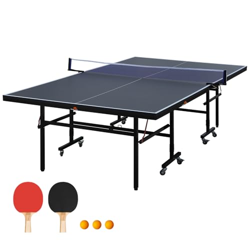 9FT Folding Table Tennis Table with 2 Paddles, 3 Balls & Net Set with Solo Playback Mode, Different Thickness MDF Surface, Lockable Wheels & Quick Assembly - color: Black, size: 0.591" MDF Top
