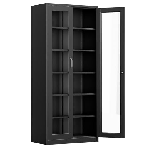VINGLI Lockable Display Cabinet with Glass Doors & 5 Adjustable Shelves, 71" Tall Black Metal Storage Cabinet Curio Liquor, Bookshelf Bookcase for Home Office Living Room Pantry Garage - color: Black, size: 71'' Glass Door Cabinet (HD Tempered)