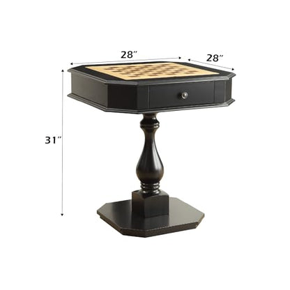 Black Finish Chess Game Table with Turned Pedestal | Hidden Storage Drawer, Reversible Tabletop, Chess & Backgammon Game Board, Sturdy Elegant Base, Side Table - size: 28''-Chess Table Black + Turned Pedestal