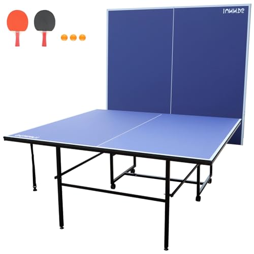 Table Tennis Table Mid-Size, Foldable Ping Pong Table Top Full Size with 2 Paddles, 2 Balls, 1 Net & 4 Wheels, Folding Table Tennis for Indoor & Outdoor, Quick Assembly to Support Multiplayer - size: 9ft