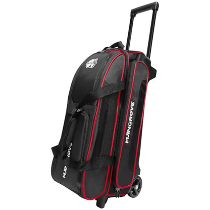 Mangrove 3 Ball Bowling Bag with Wheels & Shoe Compartment, Deluxe Bowling Ball Bag 3 Ball Roller, Rolling Triple-Ball Bag w/Accessory Pocket & Retractable Handle Extends to 40'' - color: Red