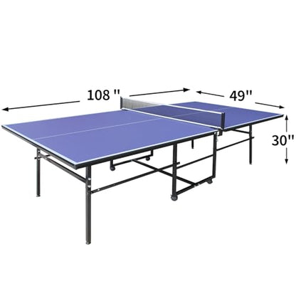 Ping Pong Table Foldable Indoor 8/8.5/9FT Single Player Playback Mode Game Set with Paddles and Balls - color: Blue-9x4.1FT