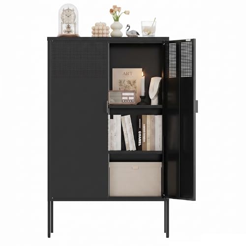 Black Metal Storage Cabinet,2 Door TV Stand, Metal Mesh Accent Cabinet,Magnetic Door Closure,Low Storage Cabinets with Doors and Shelf for Home,Office,Living Room - color: Black, size: 47"H