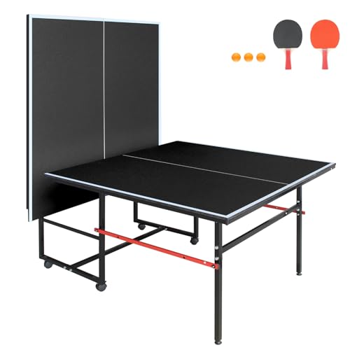 Compact Ping Pong Table, 8ft Mid-Size Indoor/Outdoor Table Tennis Game Set, Foldable, Portable Table Tennis Table with Net, 2 Table Tennis Paddles and 3 Balls, Black