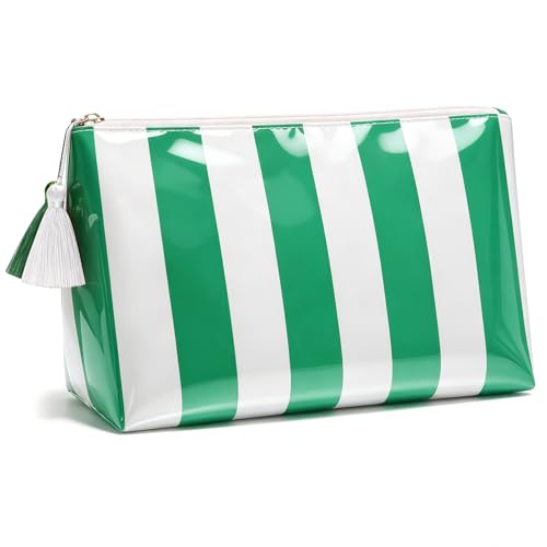 Striped Makeup Bag with Tassel Zipper, Large Waterproof Cosmetic Travel Pouch forWomen, Preppy Aesthetic Toiletry Bag Travel Essentials for Girls, Beach Bag Essentials Organizer Gift(Green White) - color: Green White