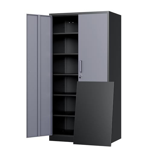 Yizosh Metal Storage Cabinet with Locking Doors and 5 Adjustable Shelves, 72" Garage Storage Cabinet Steel Lockable for Office,Home,Garage - color: Gray Black, size: 72"H x 36"W x 18"D