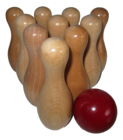 Wooden Shuffleboard Bowling Pin Set with Red Ball – 10-Piece Mini Bowling Pins, Solid Wood Tabletop Game Accessory, 3.8" Tall Pins for Adults and Teens