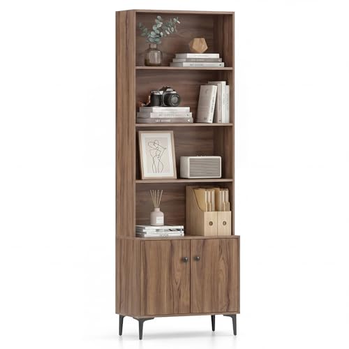Giantex 68.5" Tall Bookcases and Bookshelves with 2 Doors, Floor Standing 5 Tier Bookshelf Display Shelves, Bookcase with Storage Cabinet, Decor Furniture for Home Office, Living Room, Walnut - color: Walnut, size: 24" x 12" x 68.5"